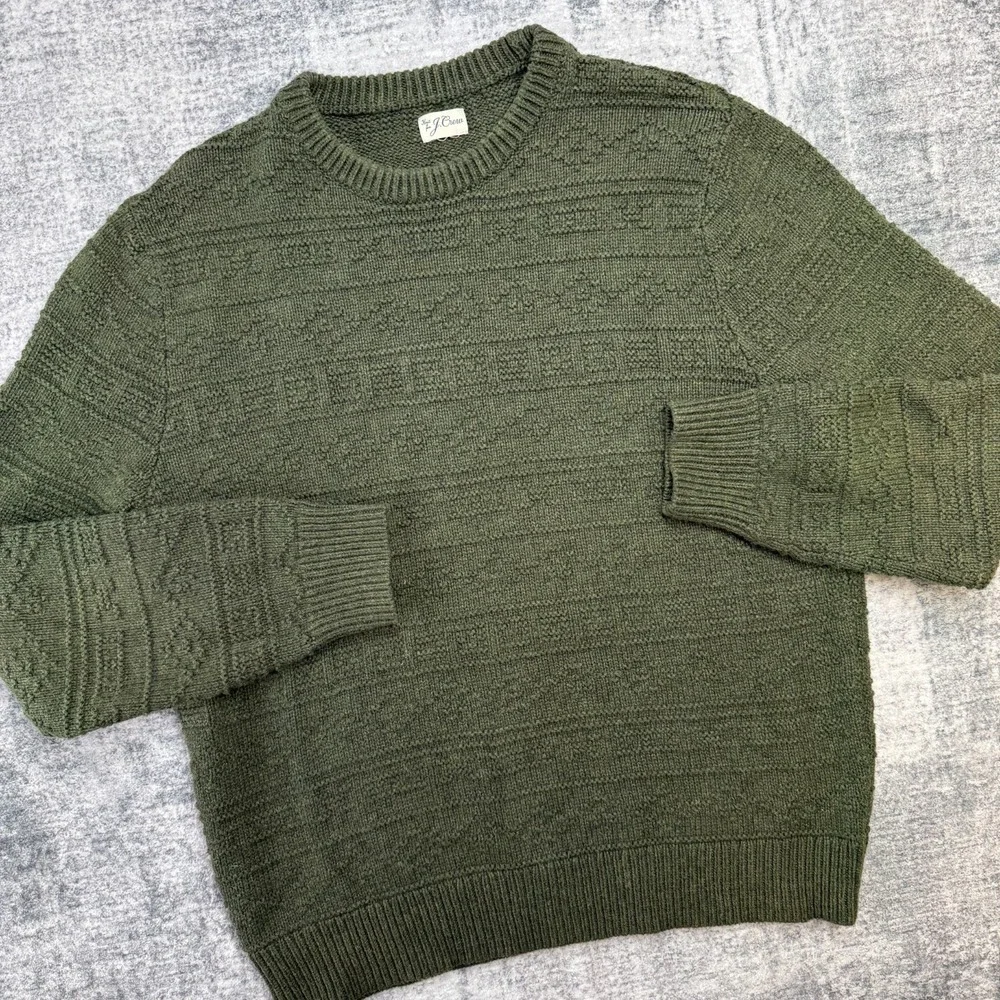 J Crew Sweater Mens XL Green Guernsey Stitch Textured Knit Fisherman Crewneck - Picture 2 of 9